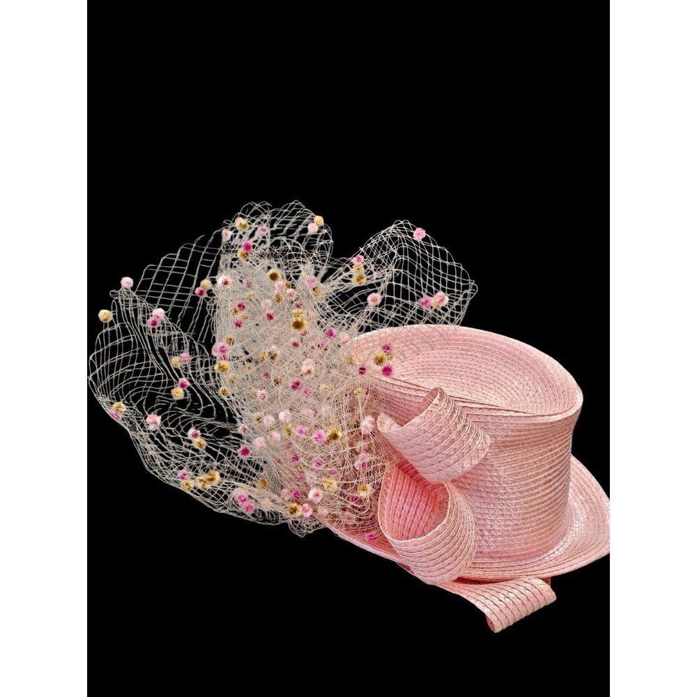 Vintage B Michael Pink Straw Hat Fascinator Mesh Netting Floral Statement Church